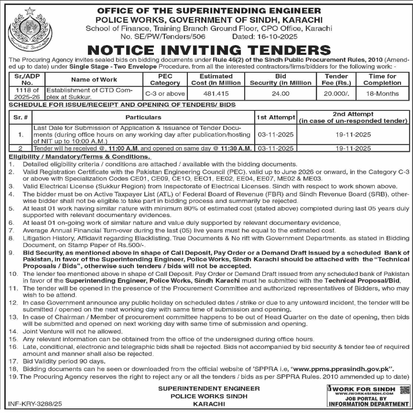 Police Department Karachi Tender Notice